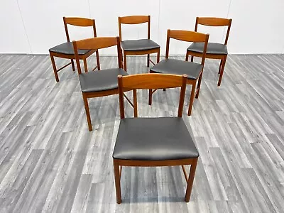 6 Teak Vintage Mid Century Dining Chairs With Black Vinyl Seat Pads By McIntosh • £875