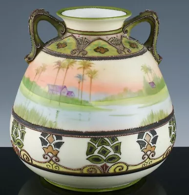 LOVELY C1920 ART DECO NIPPON MORIAGE RAISED ENAMEL TROPICAL SCENE PORCELAIN VASE • $8.50