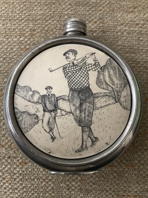 £5 • Buy Sheffield Mint English Pewter Hip Flask Round Golfer Picture