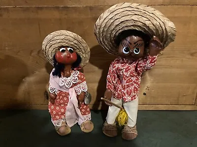 Vintage Mexican Oil Cloth Man And Woman Colorful Sombrero 10  Dolls • $15