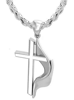 US Jewels Men's 925 Sterling Silver Large Methodist Cross Flame Pendant Necklace • $56.99