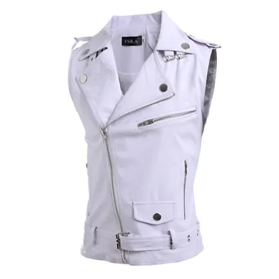 Mens Slim Fit Motorcycle Biker Jacket Top Stand Collar Faux Leather Vest Zipper • $36.59