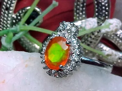 🔥 NATURAL MEXICAN FIRE OPAL RING AAA++ 8x6mm & WHITE SAPP 925 SS/14K WHITE GOLD • $32.99