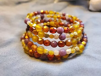 Memory Wire Beaded Bracelet Glass Beads Lepdiolite Gemstone Healing Sunset... • $18.23