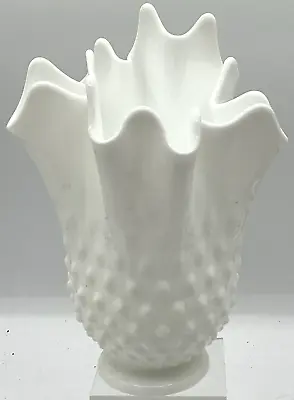 Vintage 7 3/4” Fenton White Milk Glass Hobnail Freefold Swung Vase Handkerchief  • $64.95