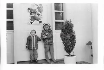 Found Photograph Bw CHRISTMAS KIDS   Original Snapshot VINTAGE 010 16 T • $13.18