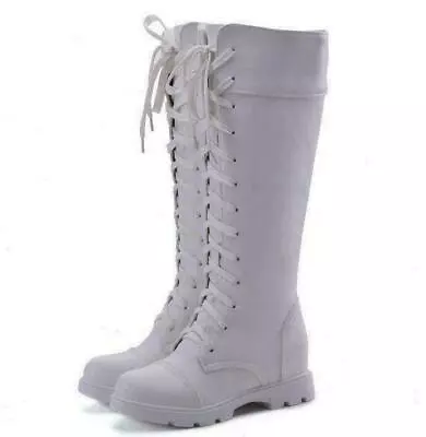 Goth Round Toe Combat Shoes Womens Low Heel Lace Up Riding Knee High Biker Boots • $46.14