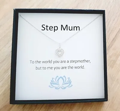 Step Mum CZ Heart Necklace 925 Sterling Silver Jewellery Gift For Women • £21.99