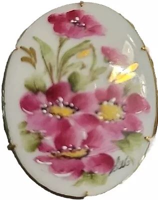 Vintage Pink & White  Hand Painted Porcelain Flower Goldtone Brooch Pin B251 • $8