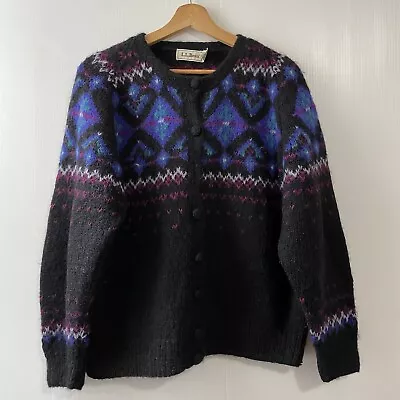 Vintage LL Bean Wool Cardigan Sweater Women's L Nordic Icelandic Birdseye Design • $44.99