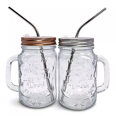 Mason Jar Mugs With Handle Regular Mouth Colorful Lids With 2 Reusable Stain... • $29.99