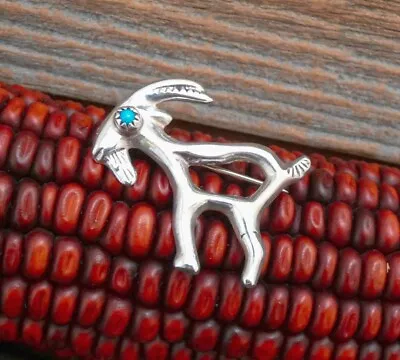 Vintage Sandcast Navajo Sterling Silver Turquoise Mountain Goat Pin Made In USA • $42.50