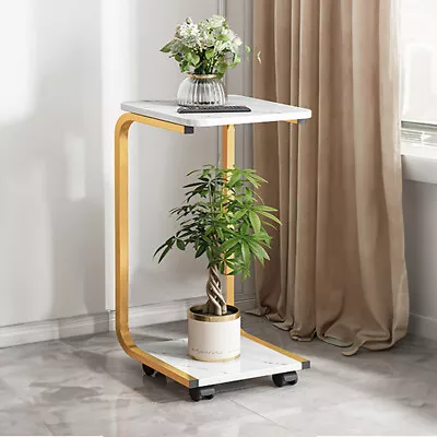 2 Tier Side Table C Shaped Metal Modern Gold Frame Coffee Sofa Bed Snack +Wheels • £17.94