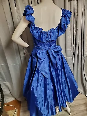 XS-S Vtg 80s Electric Royal Blue Taffeta Lace Party Prom Dress Big Bow Rosettes • $37.99