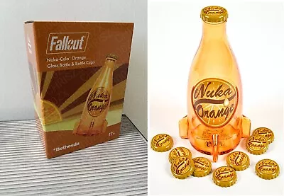 Fallout Nuka Cola Orange Glass Bottle + 10 Bottle Caps Tin Rocket Statue Figure • $11.90