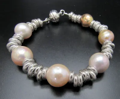 QVC Honora Ming Cultured Pearl Textured Circle Sterling Silver Bracelet $399 • £295.04