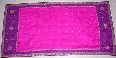 Womens Vintage Stole Sari Scarf Indian Dupatta 100% Silk PINK PURPLE GOLD 84X42 • $23.74