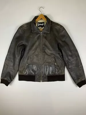 $150 • Buy Vintage 1980-90s Schott NYC Leather Jacket For Mens Distressed Cafe Racer Large