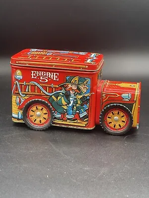Vintage Department Red Fire Engine Truck Tin Toy Bank Rolling Wheels • $8.99