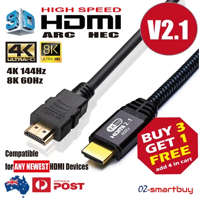 Premium HDMI Cable V2.1 8K 4K Ultra HD 3D High Speed Ethernet 1m 2m 3m • $9.95