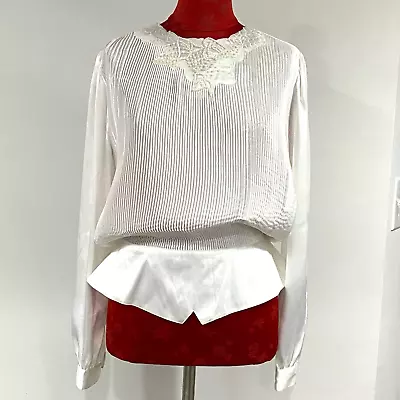 Nicola 12 White Satin Blouse Vintage 1980’s Pleats Peplum Beaded Edwardian Chic • £38.75