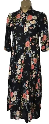 Zara Black Floral Long Shirt Dress Pockets Size Medium • £12.99