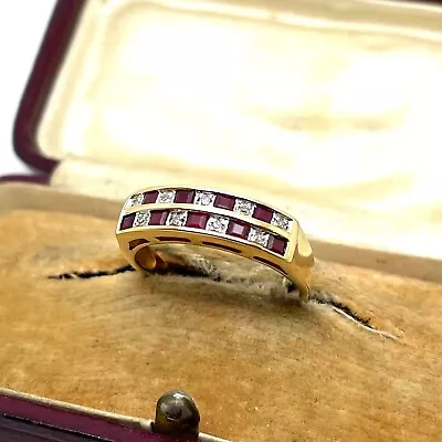 9ct Gold Ruby Diamond Ring Size P 9ct Yellow Gold Hallmarked Dia Ruby Band Ring • £159