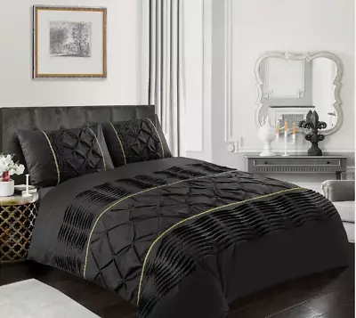 Luxurious Eleanor Laced Pin Tuck Diamond Duvet Quilt Cover Set With Pillowcases • £18.99