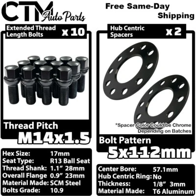 $36.79 • Buy 2x 3mm Thick 5x112 57.1mm CB Wheel Spacer Set Black 14x1.5 Bolt Fit Volkswagen