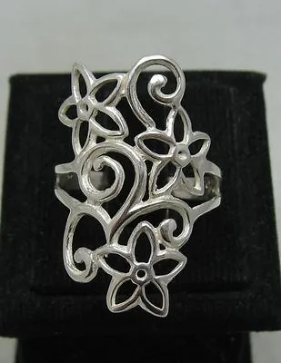 Stylish Genuine Long Sterling Silver Ring Solid Hallmarked 925 Flower Handmade • £17.40