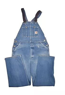 Carhartt Denim Bibs Mens 36 Workwear Overalls Faded Wash Jeans Vintage Carpenter • $58.60