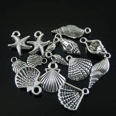 14 Mix Retro Silver Alloy Sea Shell Starfish Conch Charm Nautical Pendant 5-24mm • £3.84