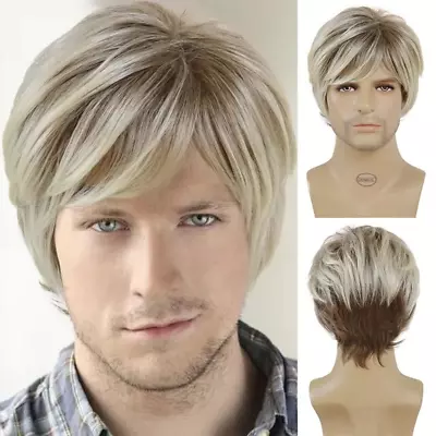 Short Straight Synthetic Hair Men's Brown Blonde Mix Wig Side Part Bangs Fashion • $27.81