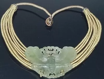 Vtg Chinese Big Mutton Fat Jade Carved Moth Pendant 9 Strands Cord Silk Necklace • $359.99