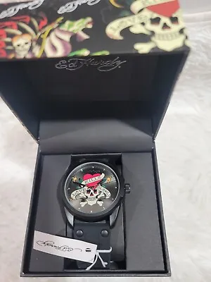 MENS ED HARDY BLACK SKULL LOVE KILLS SLOWLY SILICONE BAND WATCH - NEW In Box  • $36