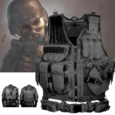 Military Tactical Vest With Gun Holster Molle Police Assault Combat Assault Gear • $31.59
