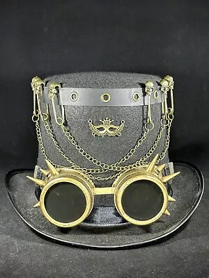 STEAMPUNK Top Hat With Goggles Decorative Rivets & Skulls. Black.  Some Damage • $24.99