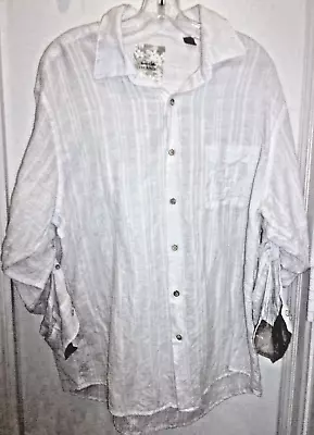 Tasso Elba Island Mens Large Roll Tab Sleeve Shirt White Linen Blend Pocket • $11.99