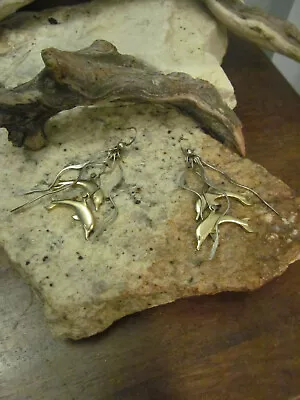 Vintage 925 Sterling Silver Gold Tone Dolphins Hook Dangle Earrings 8.7g • $16.99