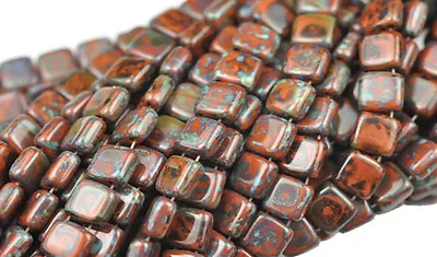 25 Picasso Umber 2 Hole Czech Glass Flat Square Beads 6MM • $3.25