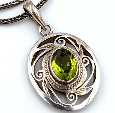 Vintage Sterling Silver 925 Oval Peridot Filigree Pendant Chain Necklace • $46