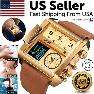 SKMEI Men Watch Large Dial Digital Quartz Sport Stopwatch Leather Wristwatch New • $20.39