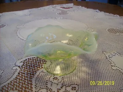 Vaseline Glass Vintage Round Footed Paneled Ruffled Handled Candy Dish Northwood • $59.99