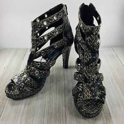 Marco Santi Selena 8 M Sandals Black Taupe Zip Heel Snake Print Sexy • $24.95