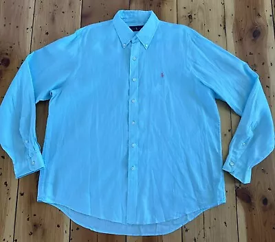 Ralph Lauren Shirt Men XL Aqua Blue Button Up Linen Pink Pony Casual Long Sleeve • $28.88