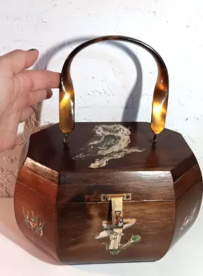 Vintage Wooden Decoupage Owl Mushroom Box Purse Pocketbook Trinket Box • $48