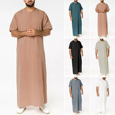 New Men Muslim Clothing Thobe Saudi Arab Short Sleeve Islamic Jubba Kaftan Tunic • £15.19