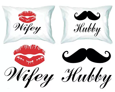 Mustache Lips Matching Pillowcases - Hubby Wifey Couple Pillow Covers (Set Of 2) • $23.99