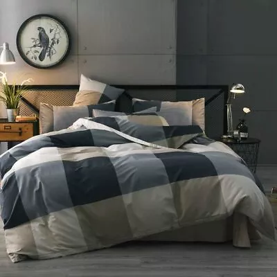 Cotton Grid Plaid Duvet Cover Set Queen Modern Reversible Checkered Hotel Qualit • $135.98