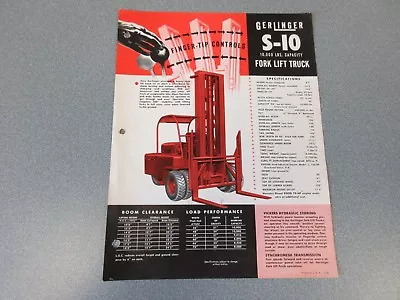 Old 1956 Gerlinger S-10 Forklift Sales Sheet 10000 Pound Pallet Truck • $40